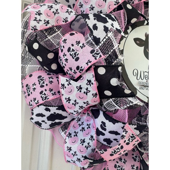 Pink Black Cow Welcome-ish Mesh Ribbon Spring Wreath Front Door Hanger Decor - Picture 3 of 8